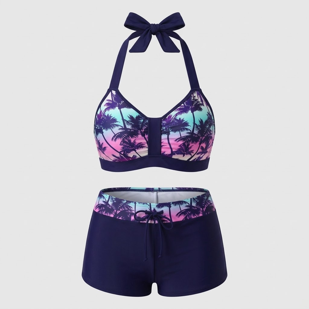 Bikini taille haute à motif côtelé