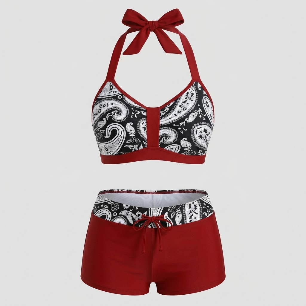 Bikini taille haute à motif côtelé