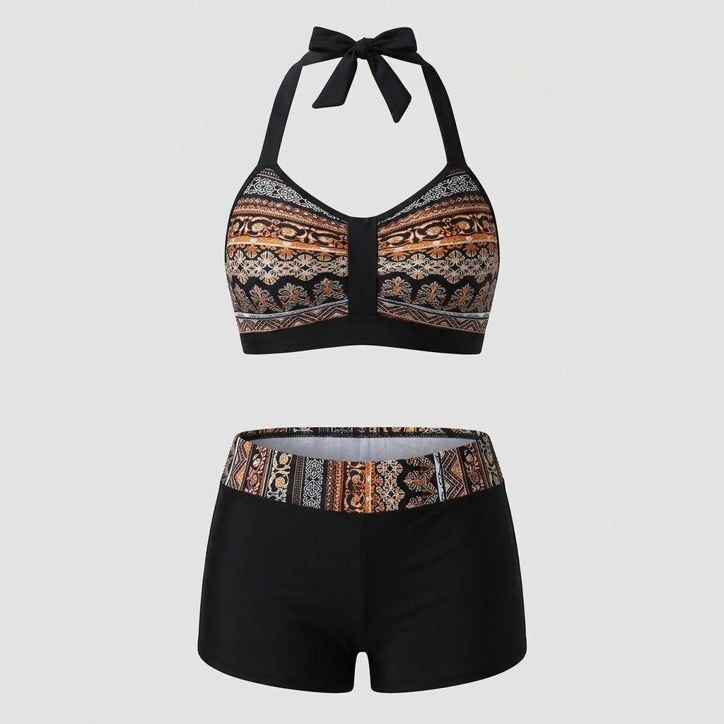 Bikini taille haute à motif côtelé