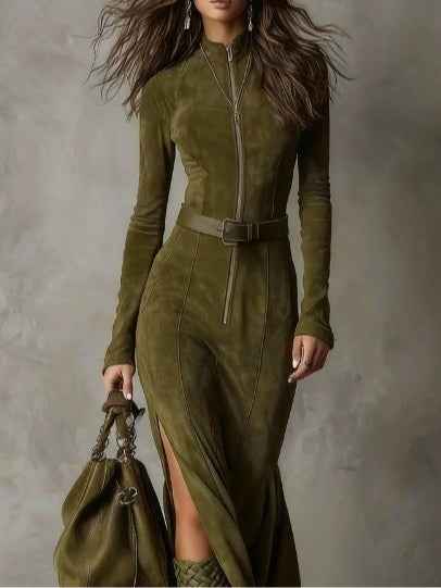 Elegantes Vintage-Grün Maxikleid mit Reißverschluss und Gürtel—Eleganter und zeitloser Stil