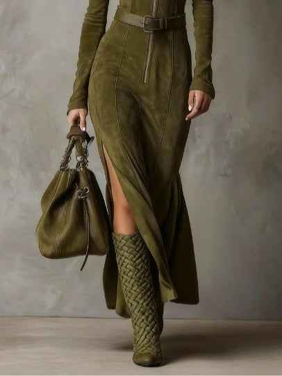 Elegantes Vintage-Grün Maxikleid mit Reißverschluss und Gürtel—Eleganter und zeitloser Stil