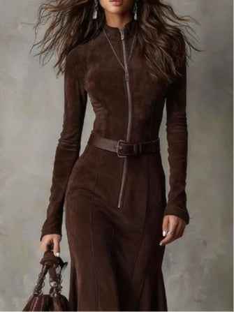 Vintage braune Midikleid mit Reißverschluss-Gürtel (Gürtel inklusive)