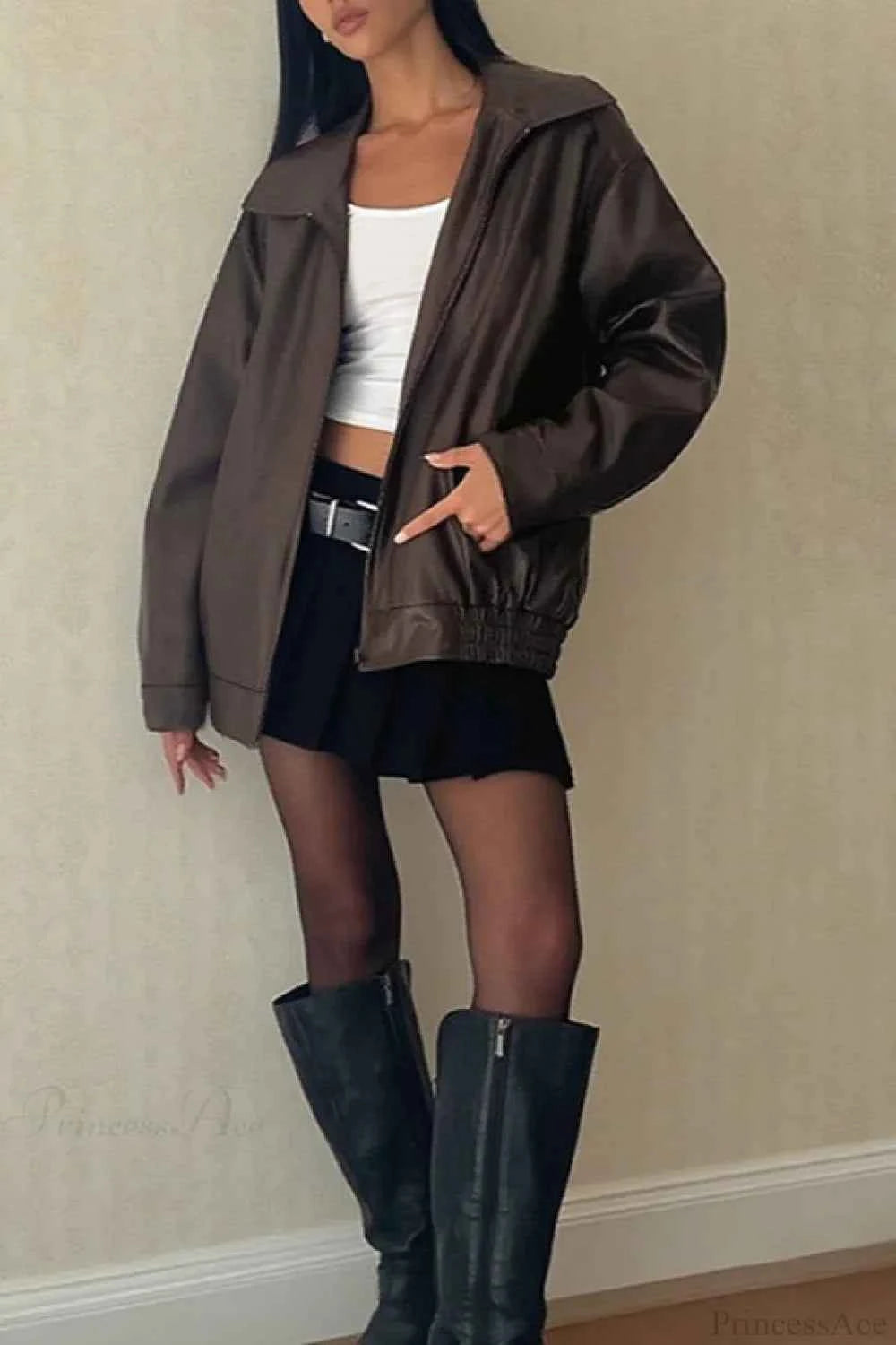 Legeres Leder Regenmantel mit langen Ärmeln und Reißverschluss