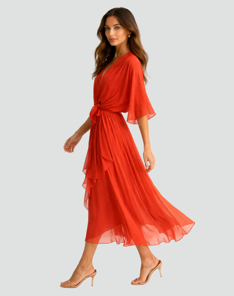 Damen Wickel-Midikleid mit Bindegürtel, elegant & festlich