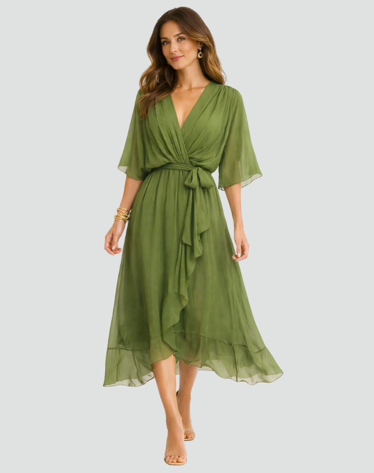 Damen Wickel-Midikleid mit Bindegürtel, elegant & festlich