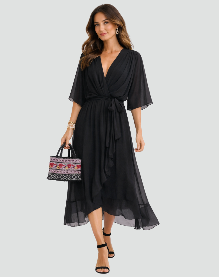 Damen Wickel-Midikleid mit Bindegürtel, elegant & festlich