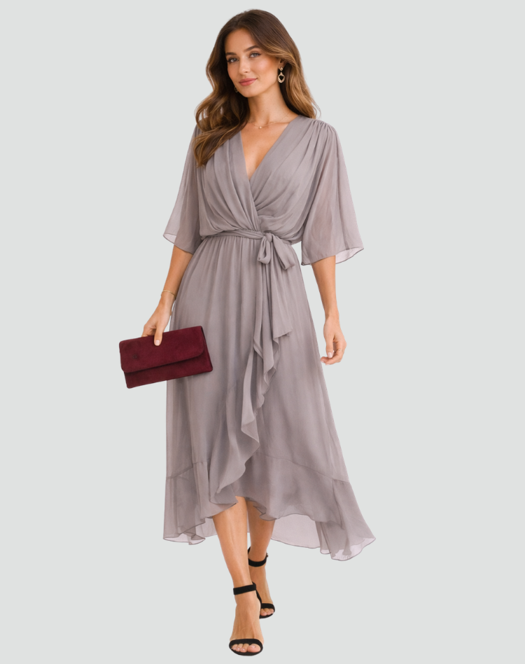 Damen Wickel-Midikleid mit Bindegürtel, elegant & festlich