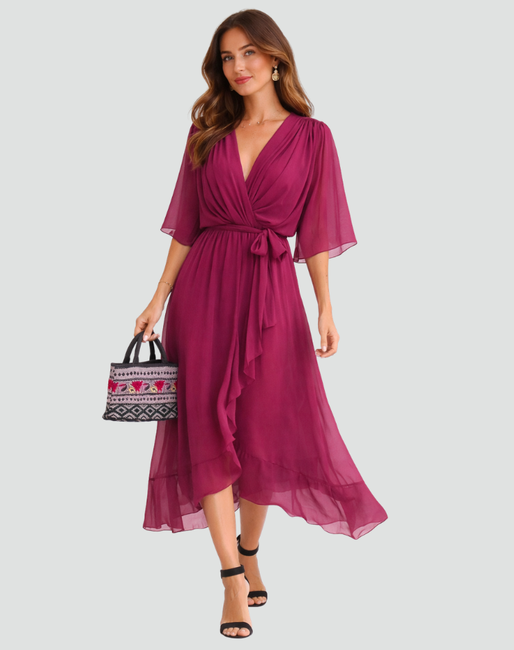 Damen Wickel-Midikleid mit Bindegürtel, elegant & festlich
