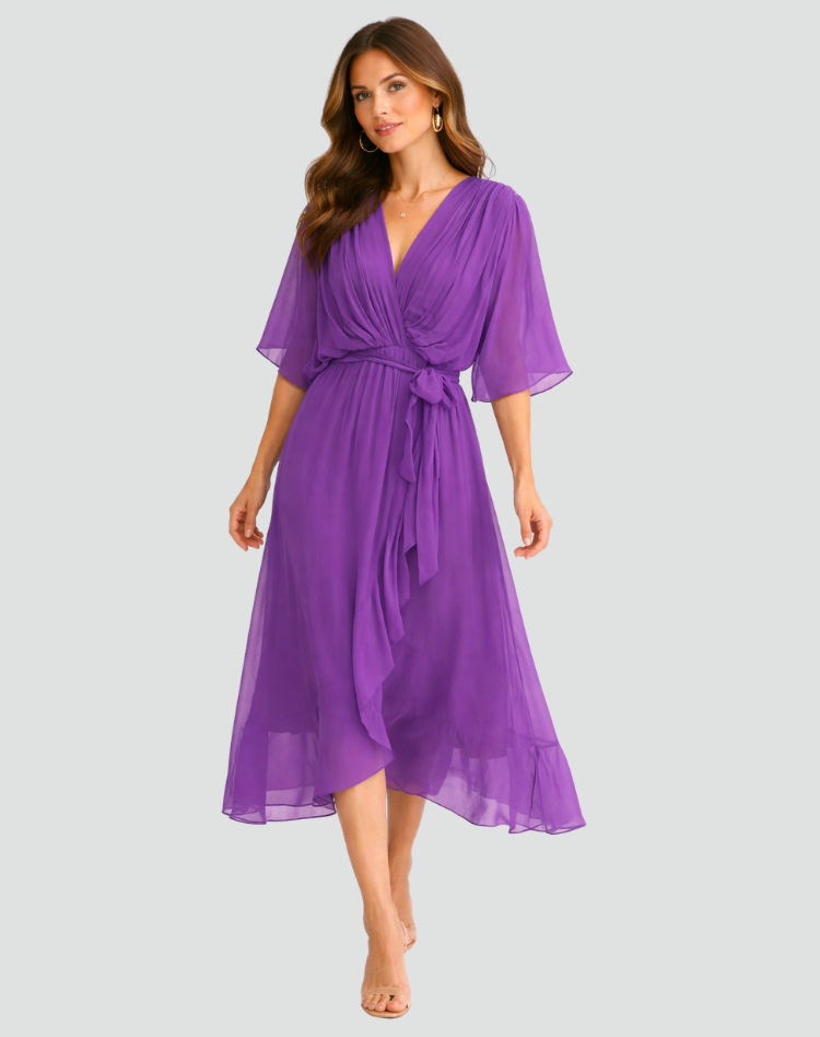 Damen Wickel-Midikleid mit Bindegürtel, elegant & festlich