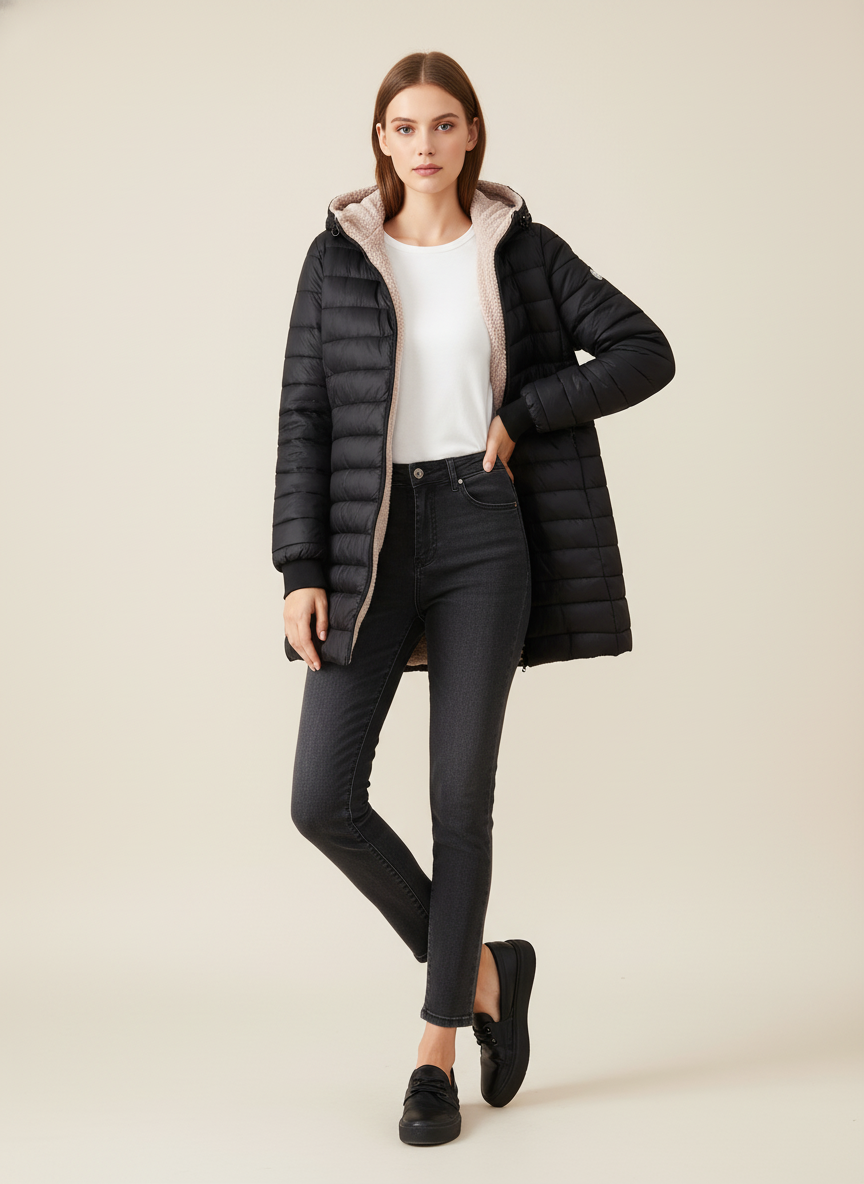 Damen Mittellange Kapuzenjacke mit Fleecefutter