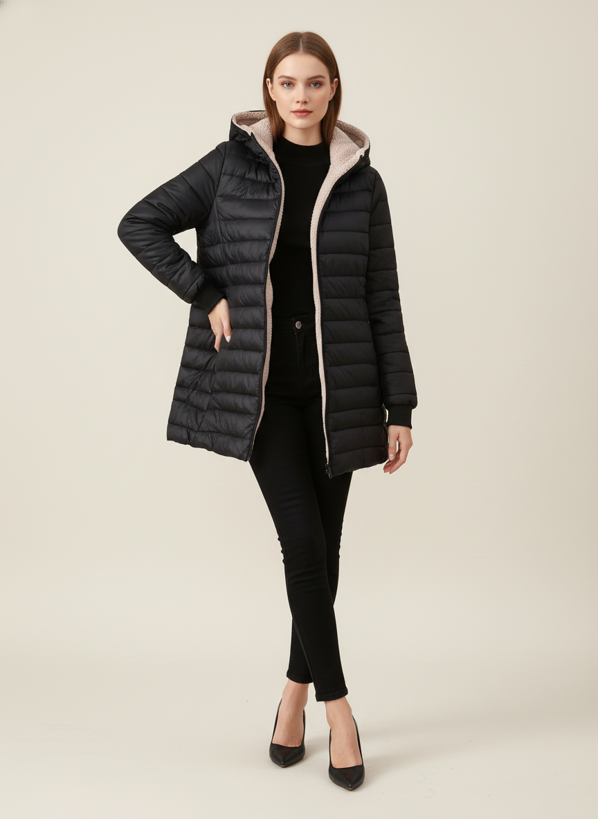 Damen Mittellange Kapuzenjacke mit Fleecefutter