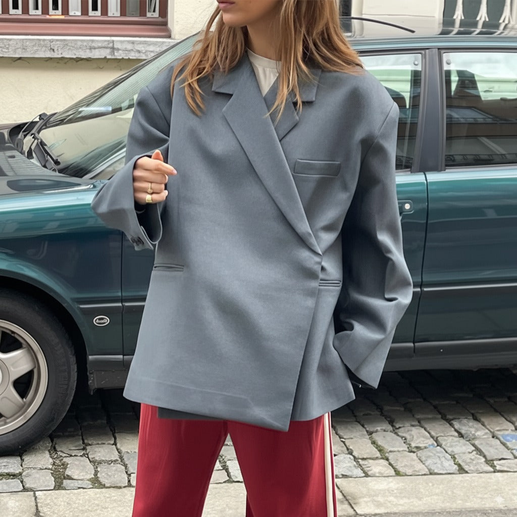 Damen Oversize Blazer - Diagonaler Wickelschnitt mit Revers