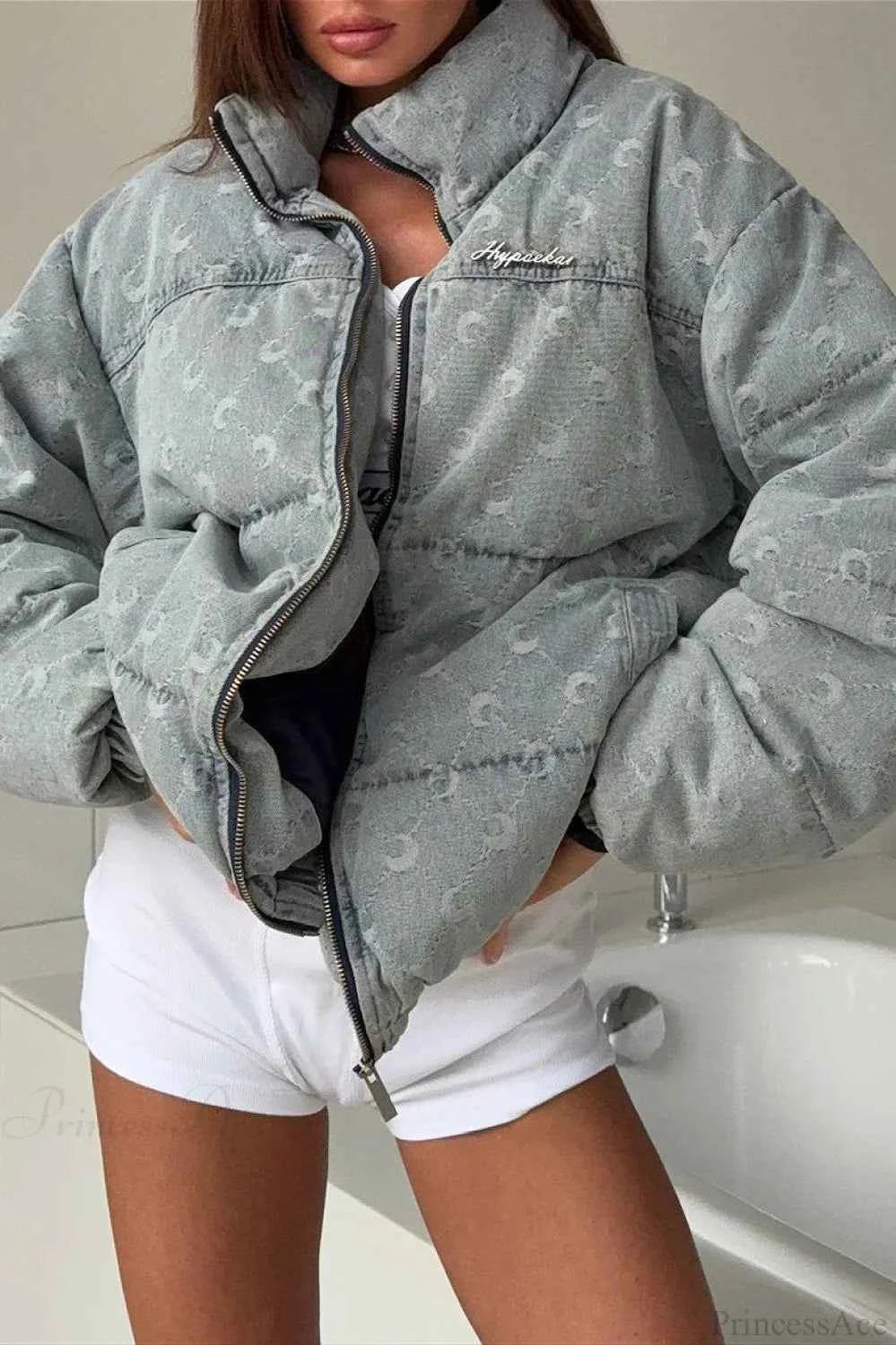 Retro Moon Print Denim Stand Collar Coat