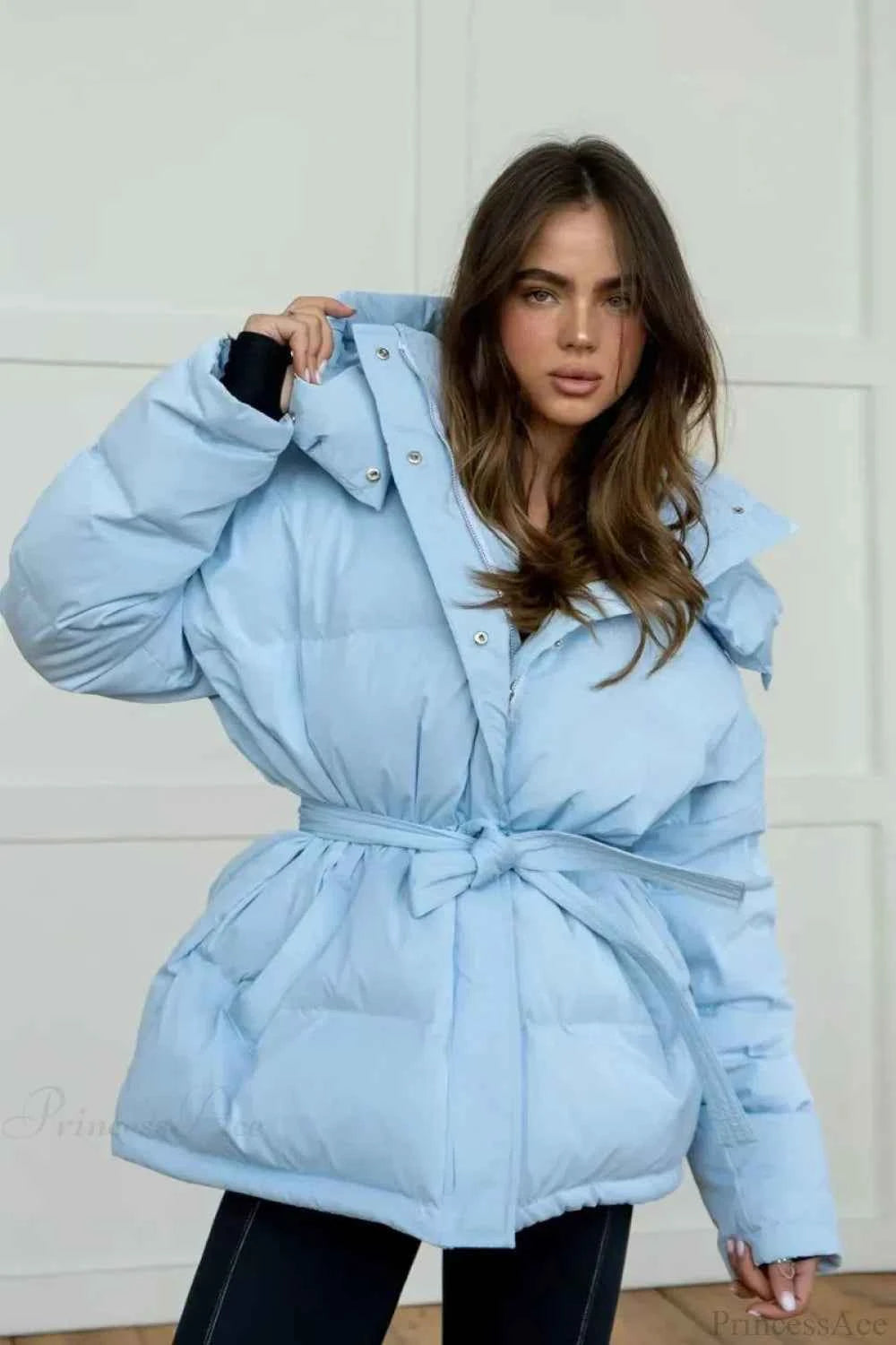 dicker gesteppte Mantel mit Kapuze und Reißverschluss in Uni-Farbe