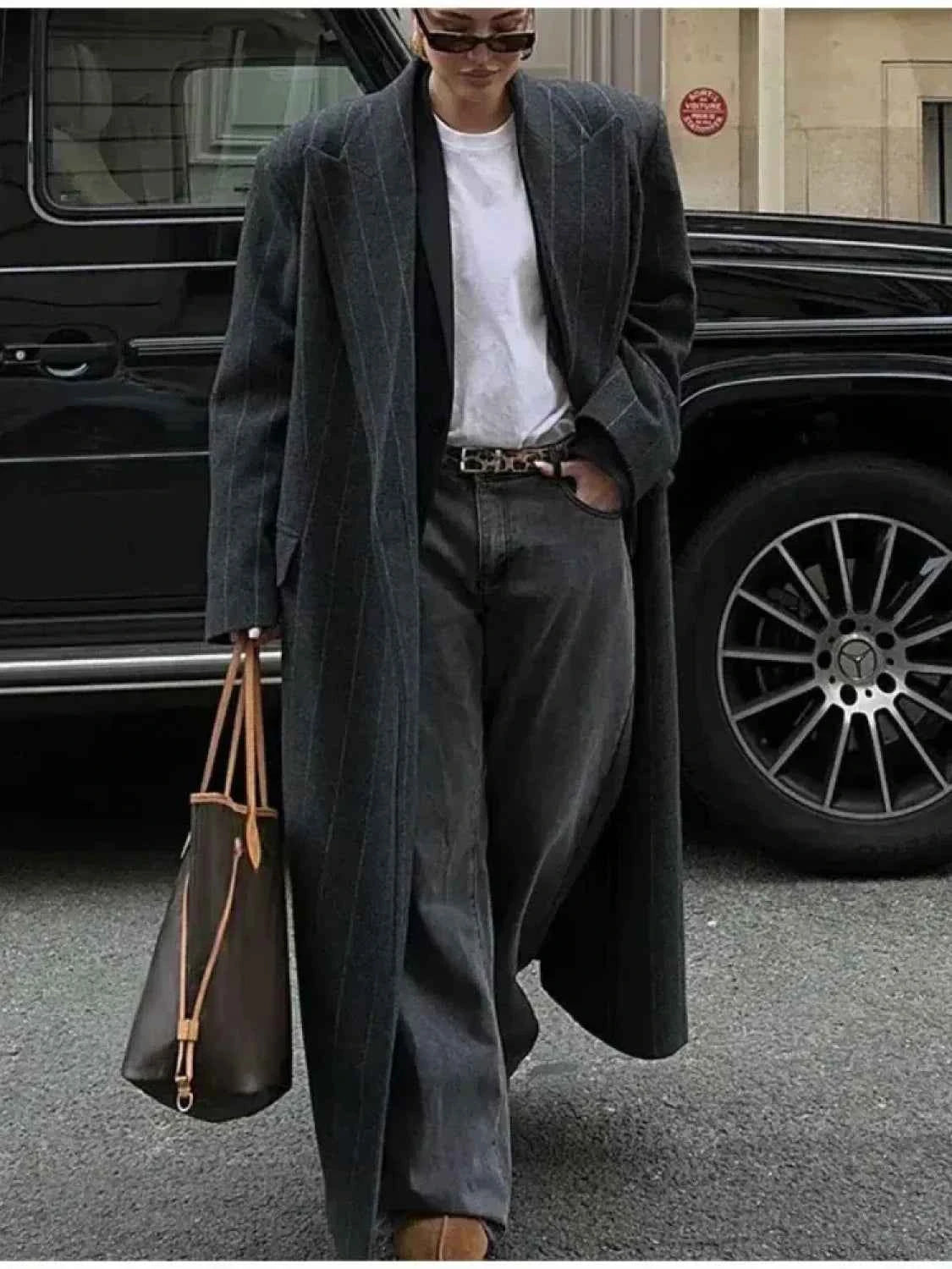 Vintage-Lana-Mantel mit Streifen, lockere Passform, V-Ausschnitt