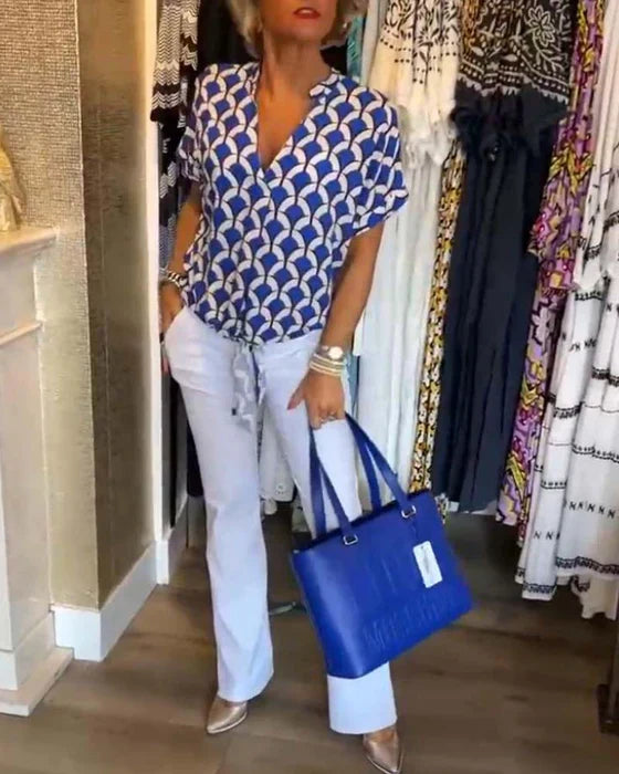 Audrey - Elegantes Lässig Top mit Muster und V-Ausschnitt