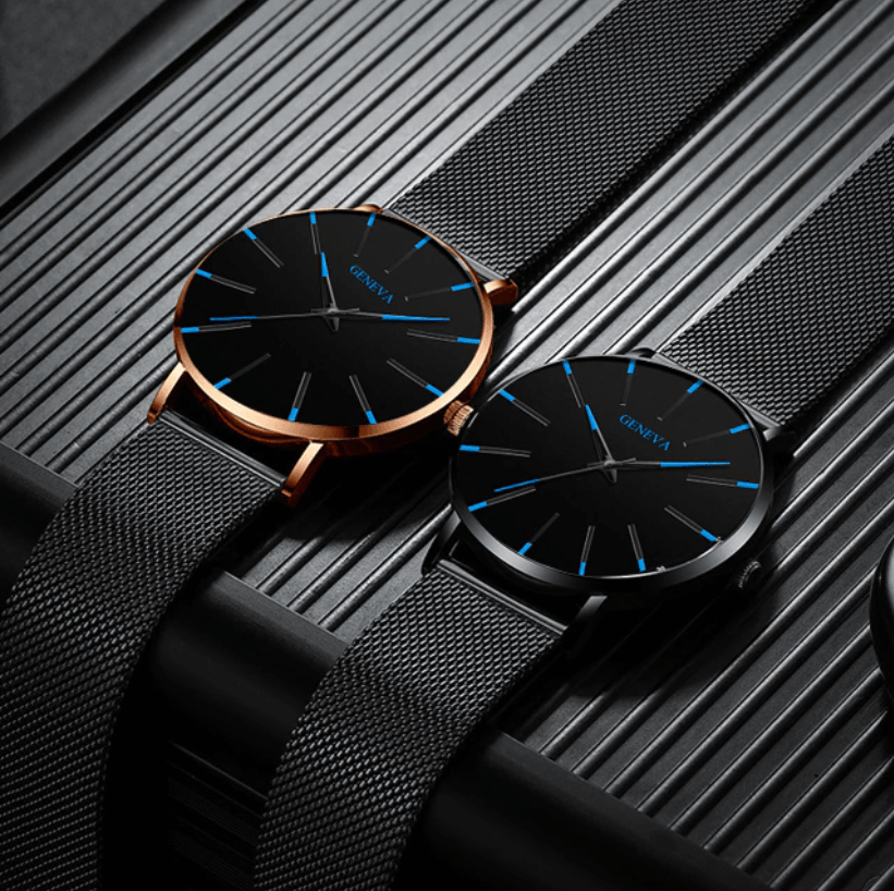 Herrenuhr Schwarz Ultra-dünnes Quarz - Stilvolle Business-Armbanduhr mit Lederarmband