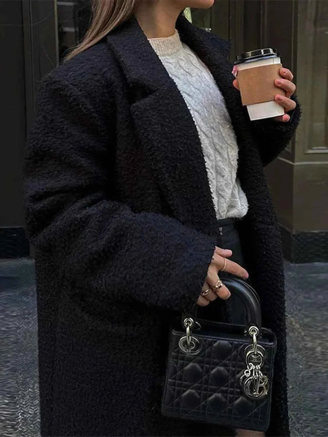 Stilvolle Vintage-Schwarze Woll-Doppelreihige Mantel