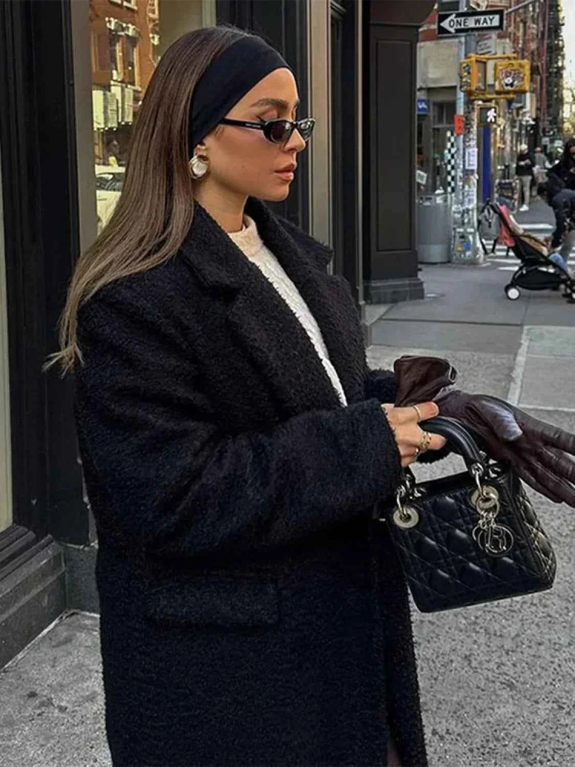 Stilvolle Vintage-Schwarze Woll-Doppelreihige Mantel