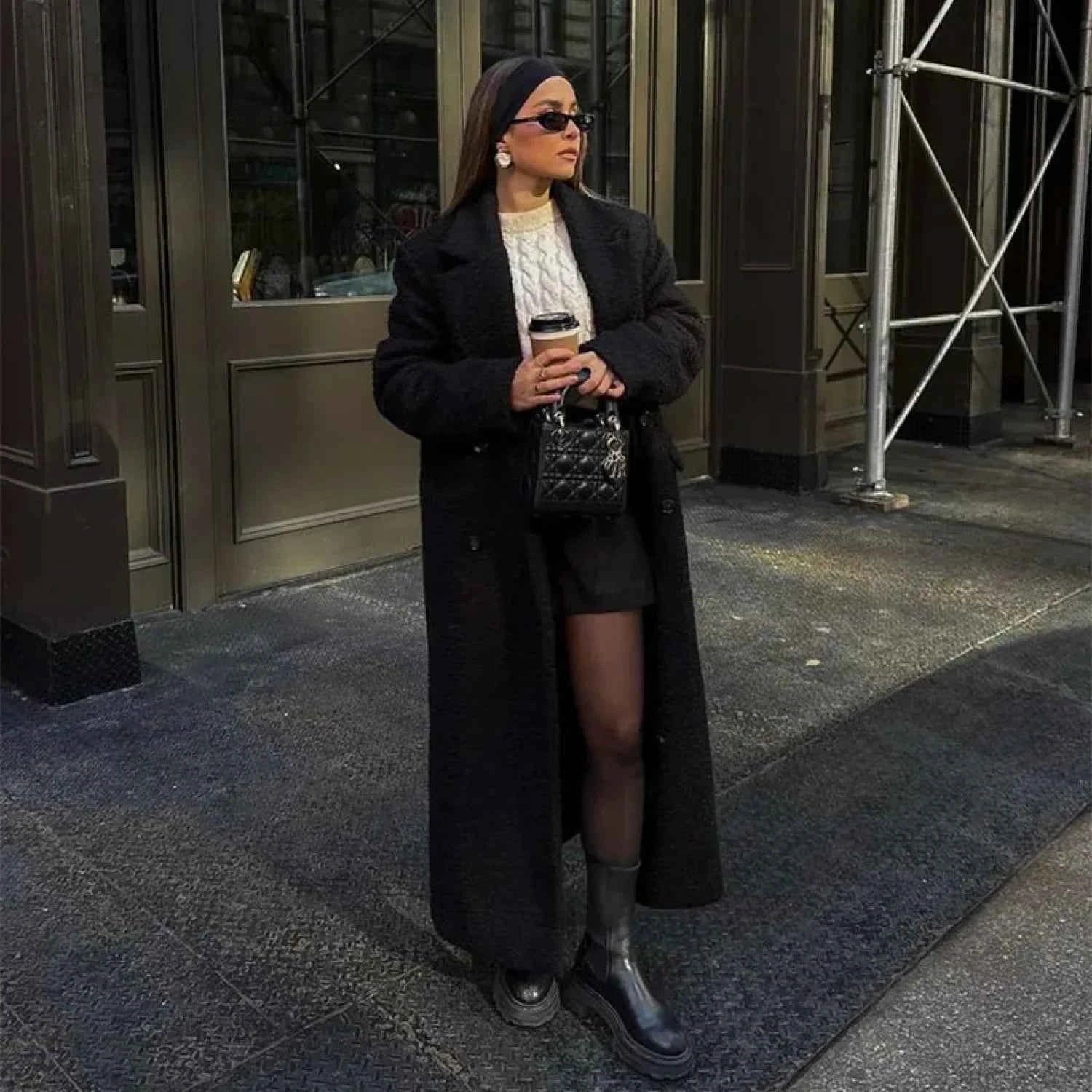 Stilvolle Vintage-Schwarze Woll-Doppelreihige Mantel