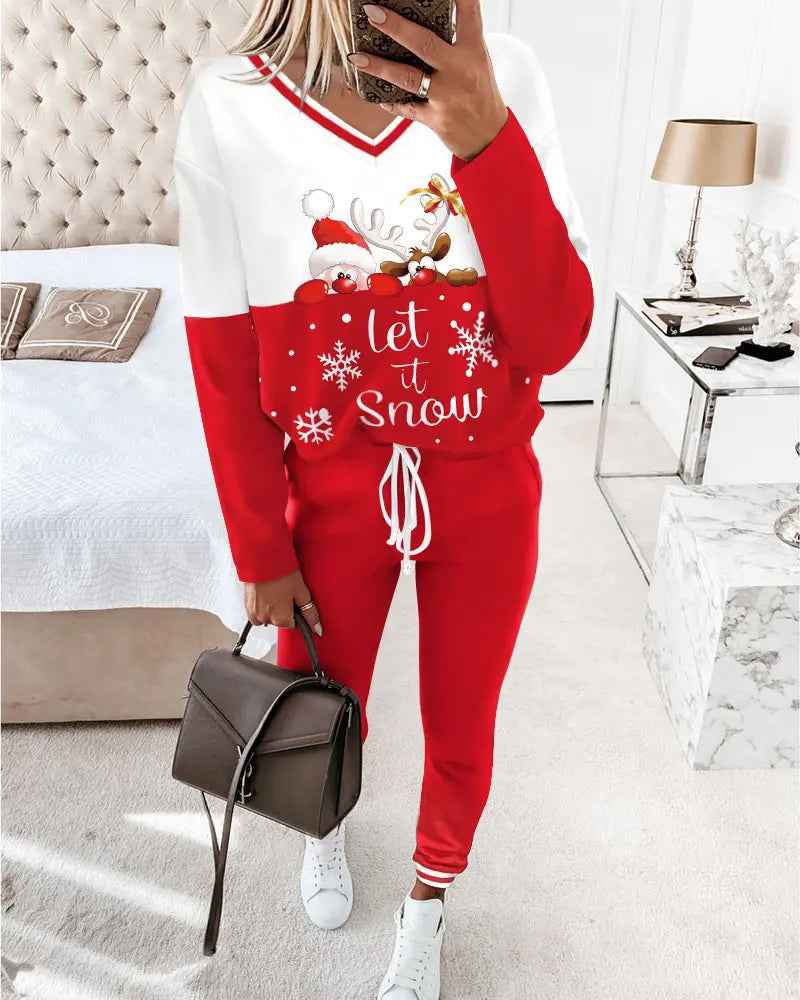 Lässiges V-Ausschnitt-Set mit Weihnachtsmuster