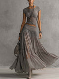 Elena Lace-Paneled Top and Pleated Maxi Skirt Set