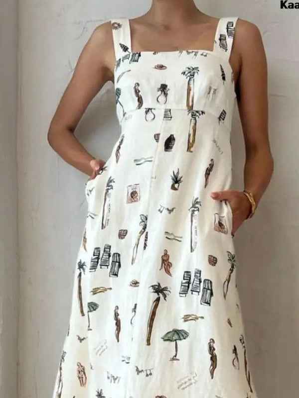 Fließendes ärmelloses Kleid mit grafischem Muster und eleganter Schleife