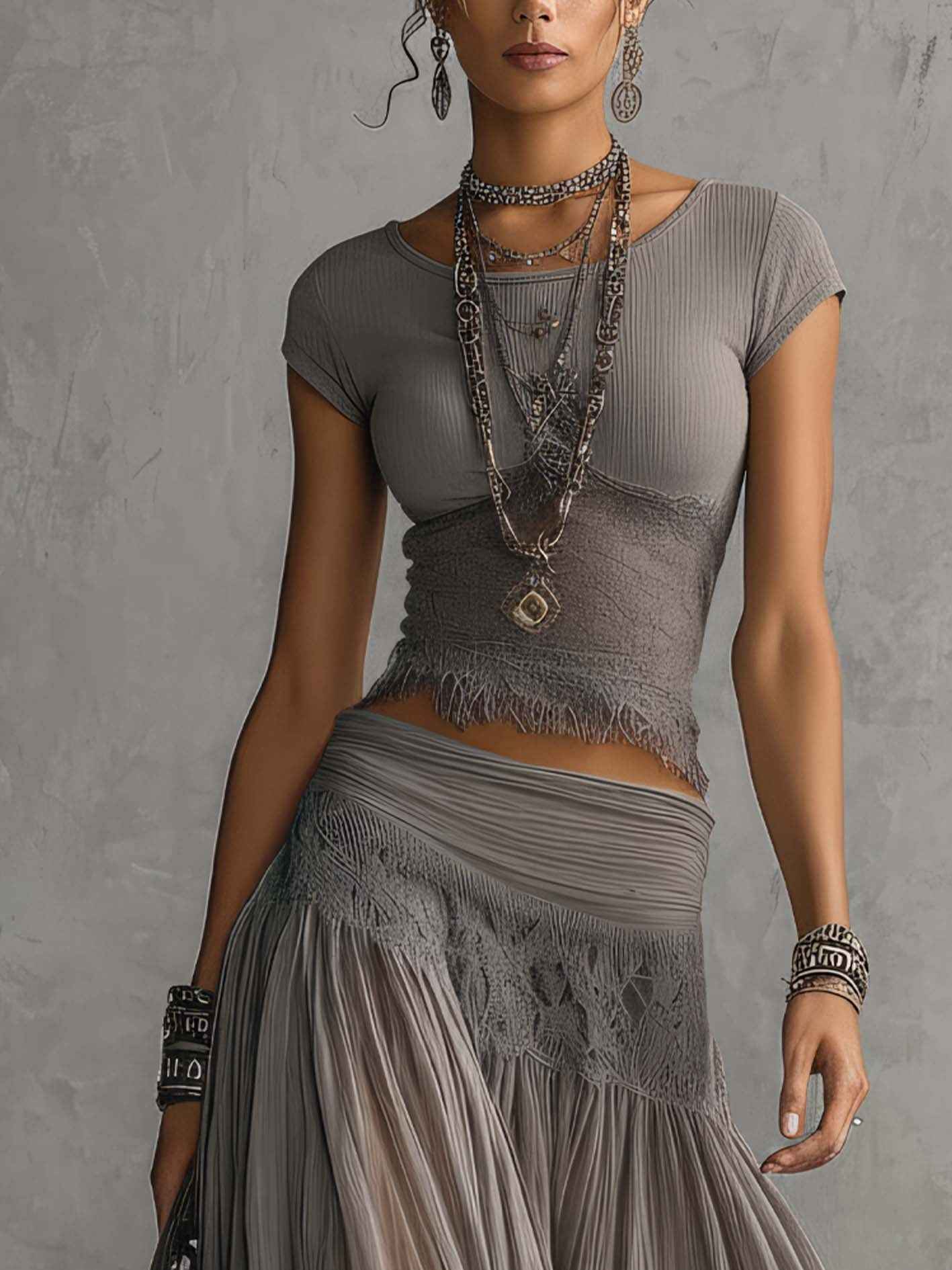 Elena Lace-Paneled Top and Pleated Maxi Skirt Set
