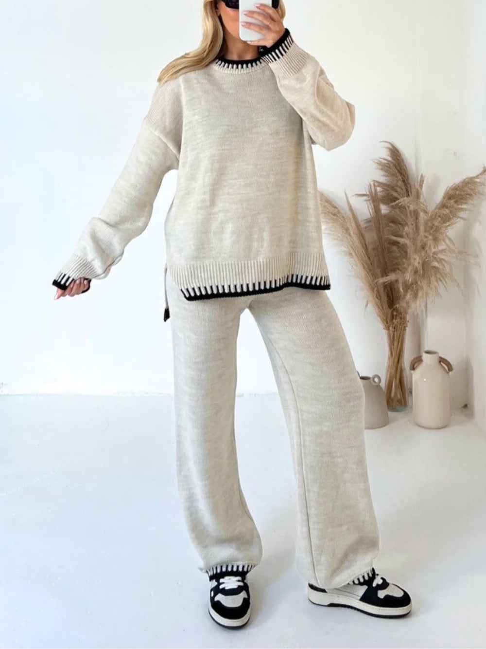 Casual color-blocked solid color sweater loose two-piece set