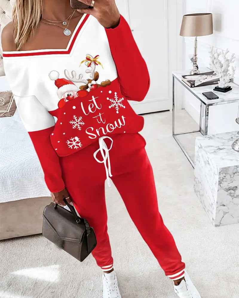 Lässiges V-Ausschnitt-Set mit Weihnachtsmuster