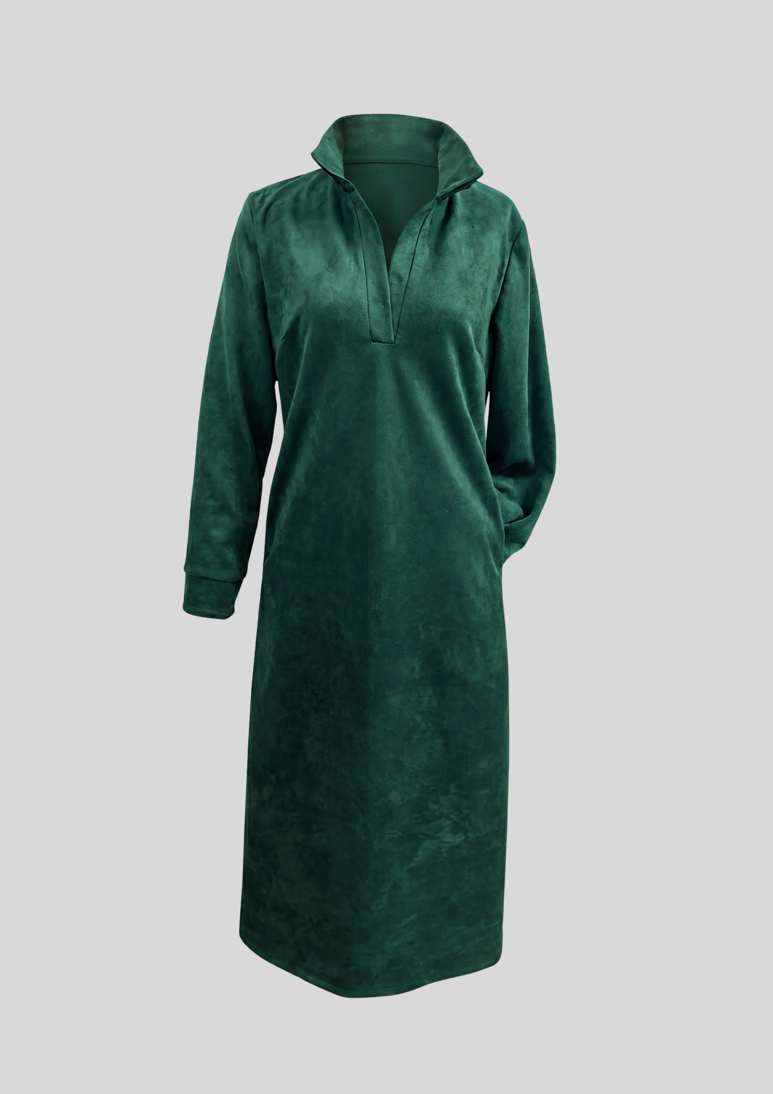 Lässiges Midikleid aus Wildleder in Grün mit Umschlag und Langarm