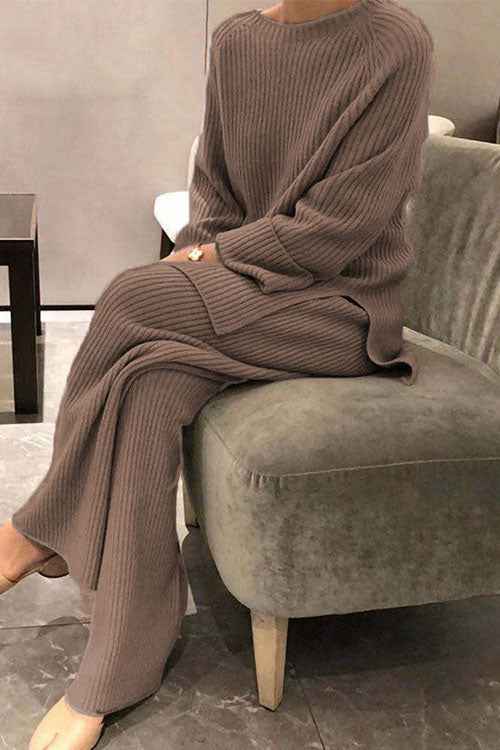 Kuscheliger einfarbiger Strickpullover mit Langarm – Zweiteiliges Casual-Set