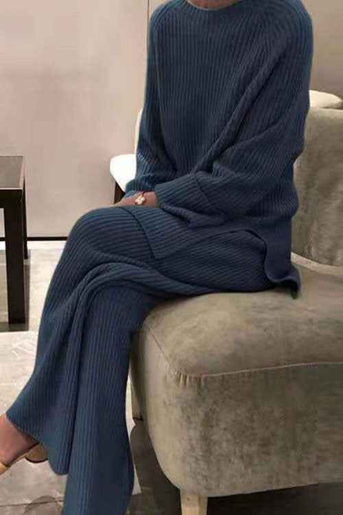Kuscheliger einfarbiger Strickpullover mit Langarm – Zweiteiliges Casual-Set