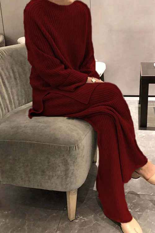 Kuscheliger einfarbiger Strickpullover mit Langarm – Zweiteiliges Casual-Set