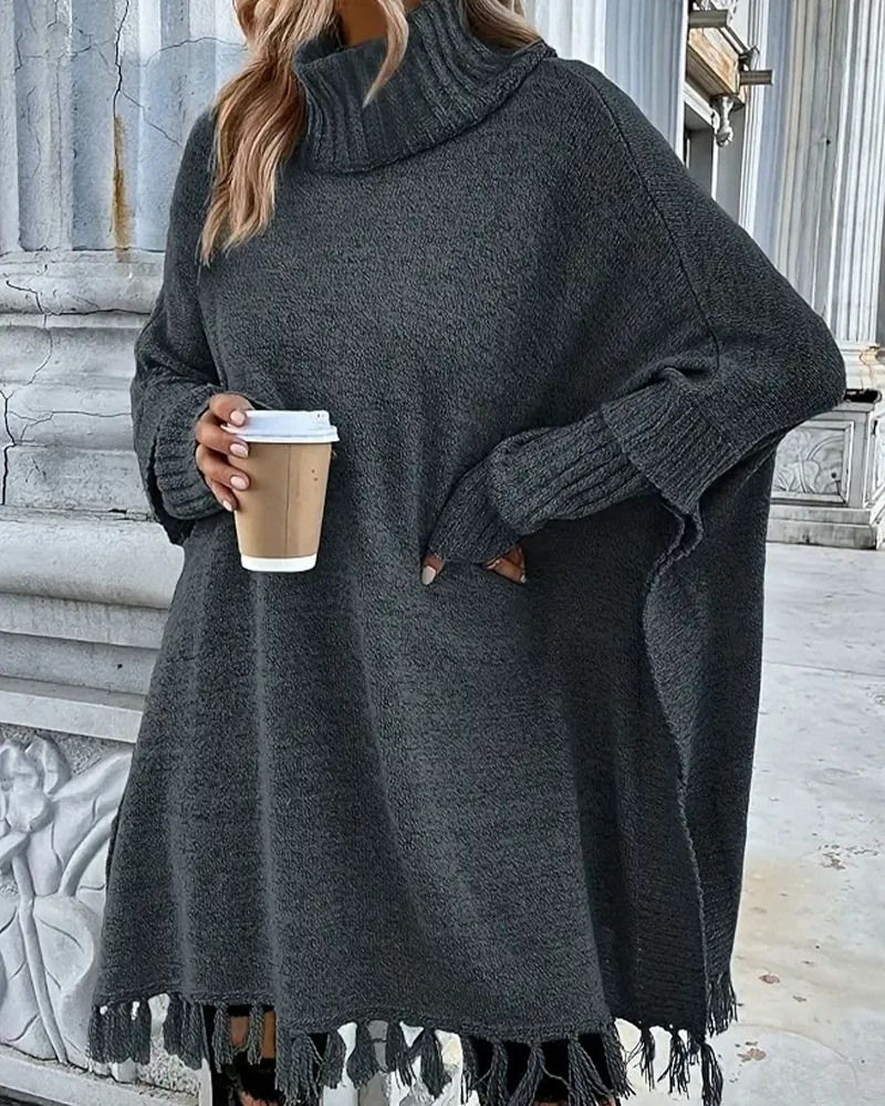 Turtleneck Batwing Sleeve Tassel Cardigan