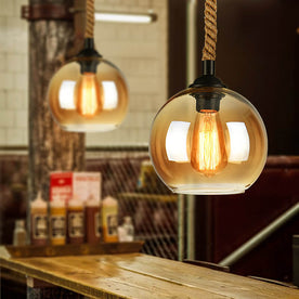 Glaskugel-Pendelleuchte mit Hanfseil - Vintage Lichtdesign
