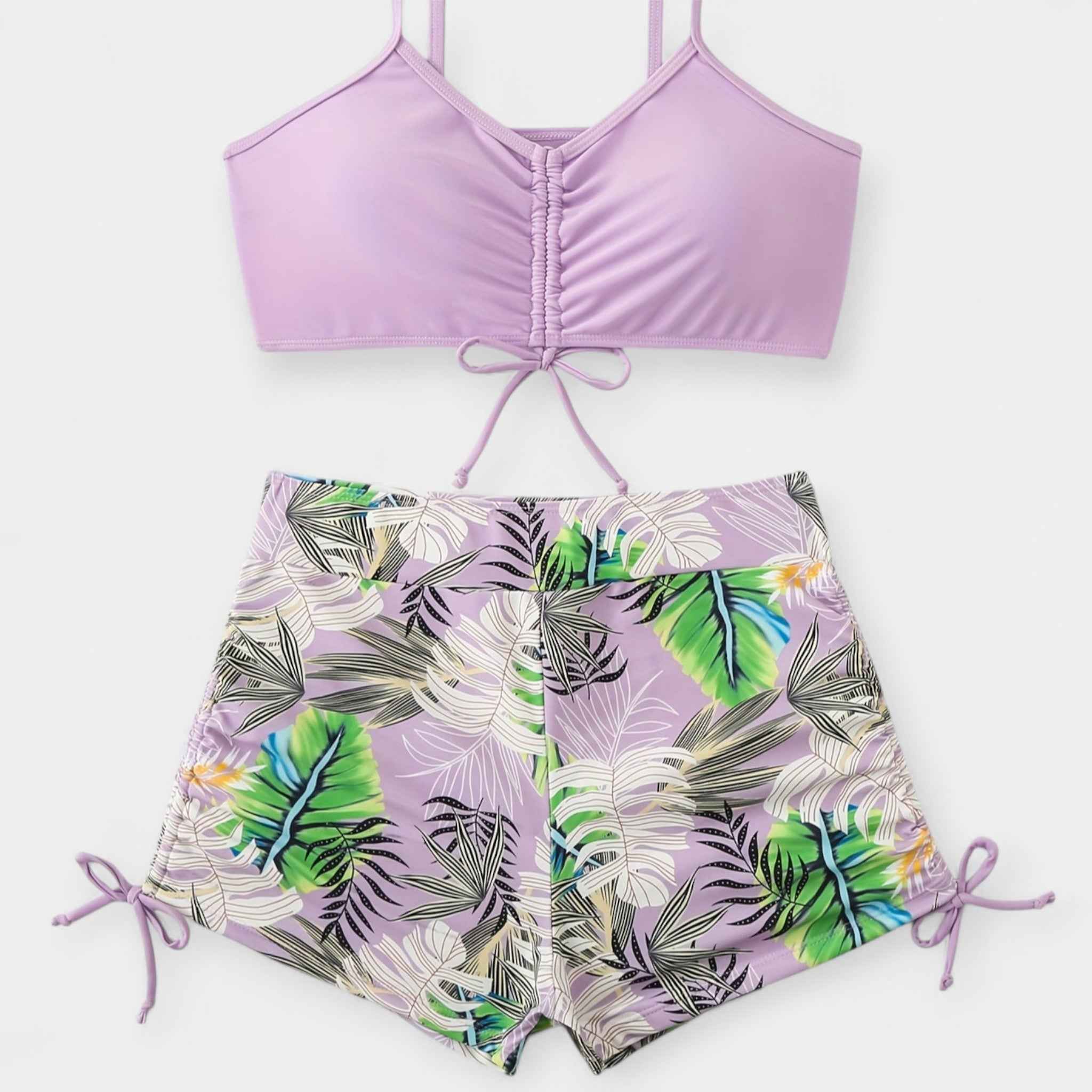 Hochtaillierter Bikini mit Tropenmuster und Trägern