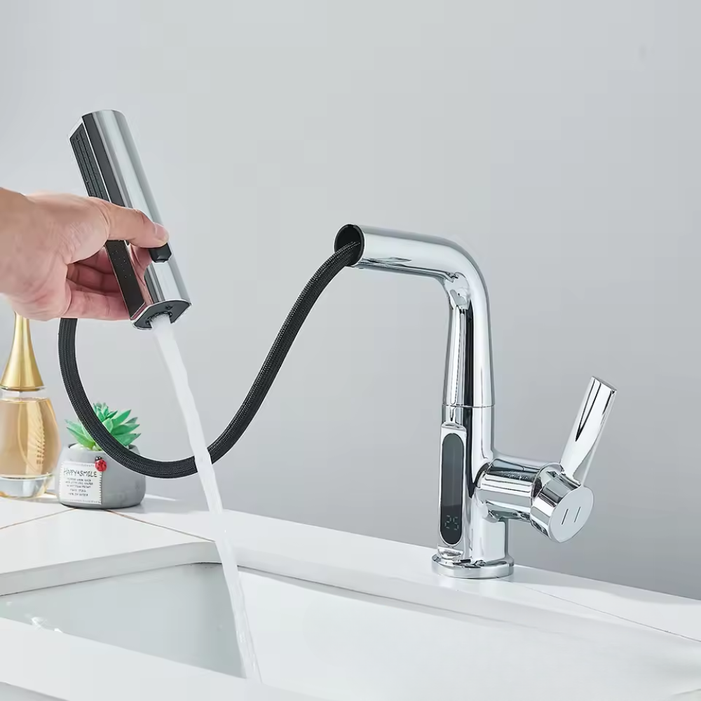 Nytheria - Moderner Wasserfall-Badarmatur mit Digitaler Temperaturanzeige und ausziehbarem Auslauf für ultimativen Komfort