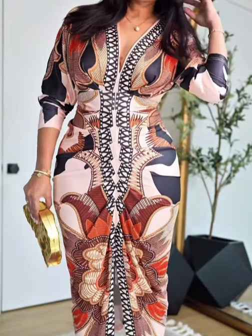 Vintage-Barock-Kleid mit langen Ärmeln und tiefem V-Ausschnitt