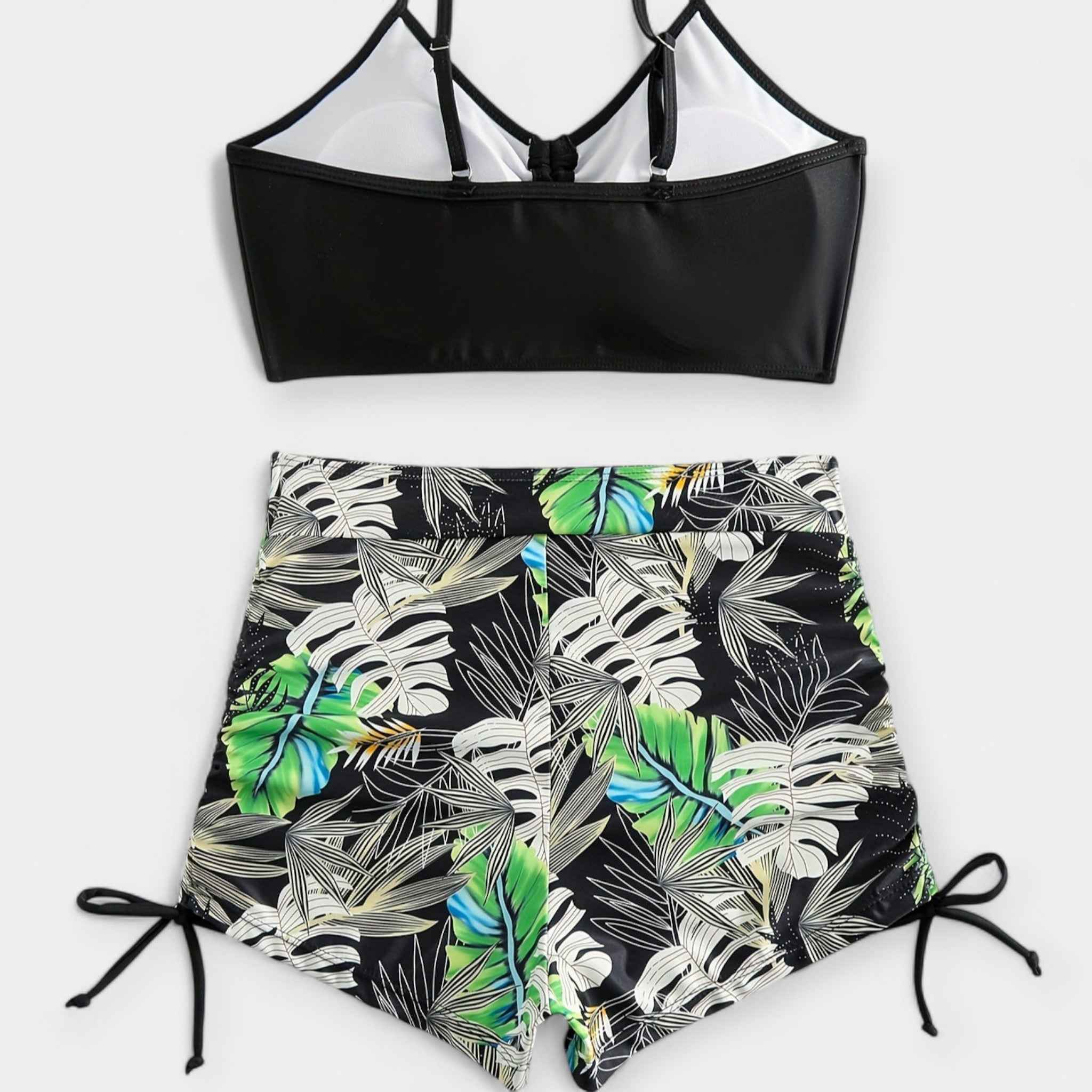 Hochtaillierter Bikini mit Tropenmuster und Trägern