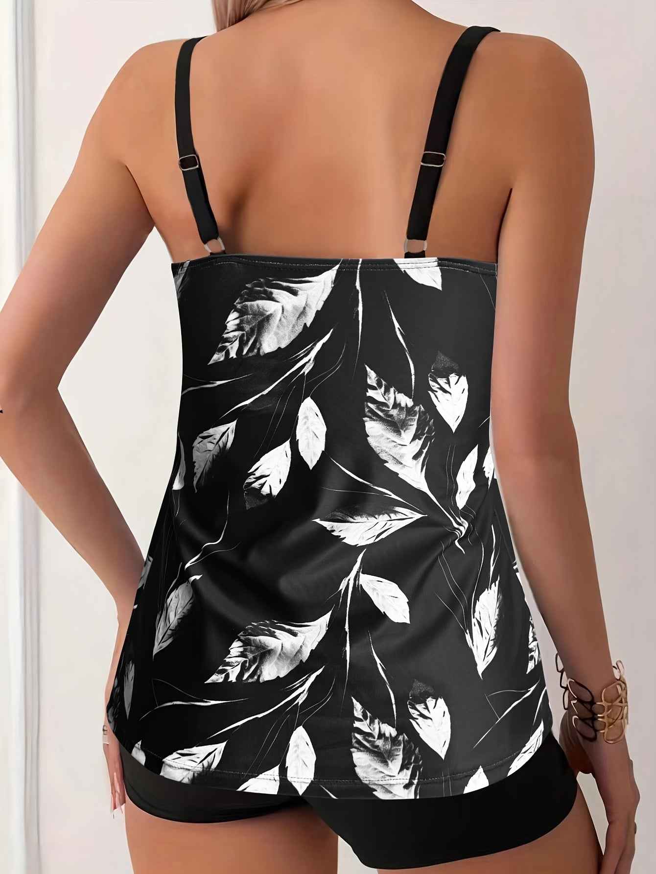 Elise | Elegantes Schwarz-Weiß-Blattmuster-Tankini-Set