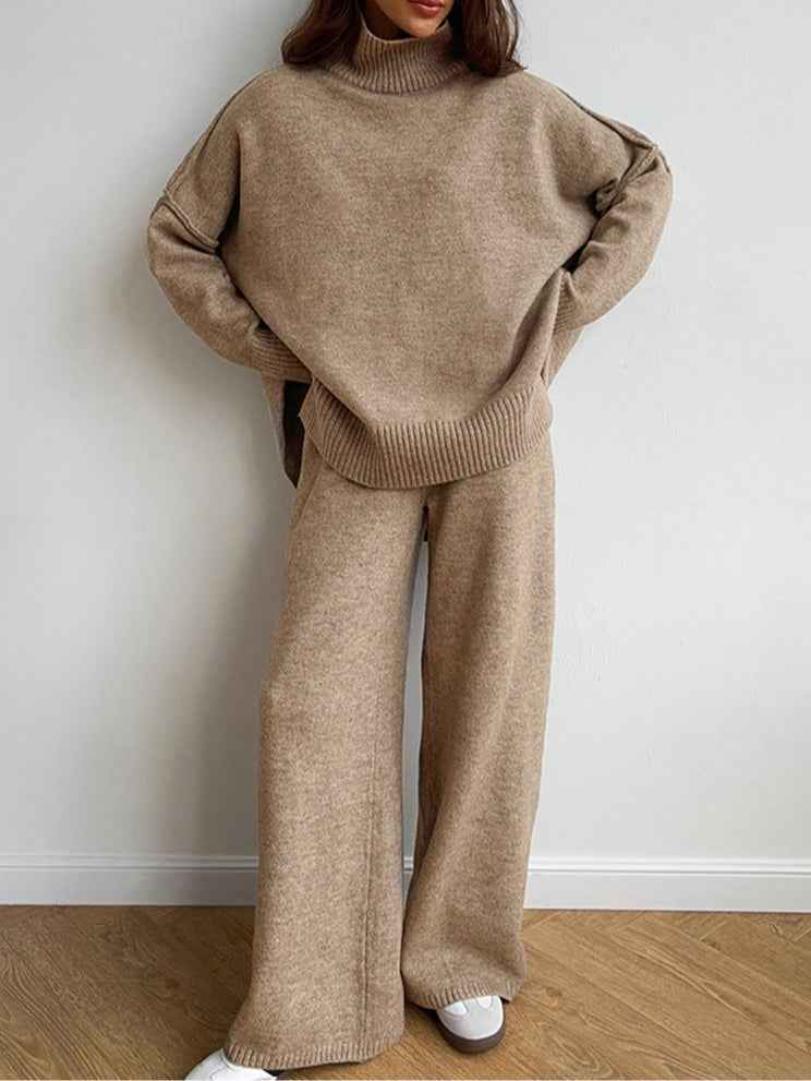 High-neck casual loose thick knit sweater set
