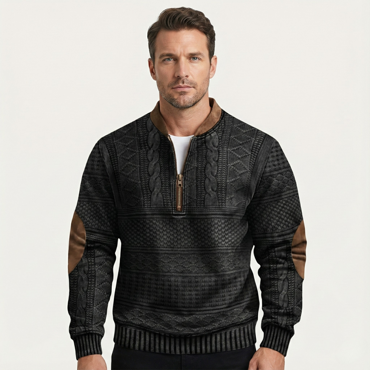 Siena Herrenpullover mit Halbreißverschluss, gemustert, mit Ellbogen-Patches