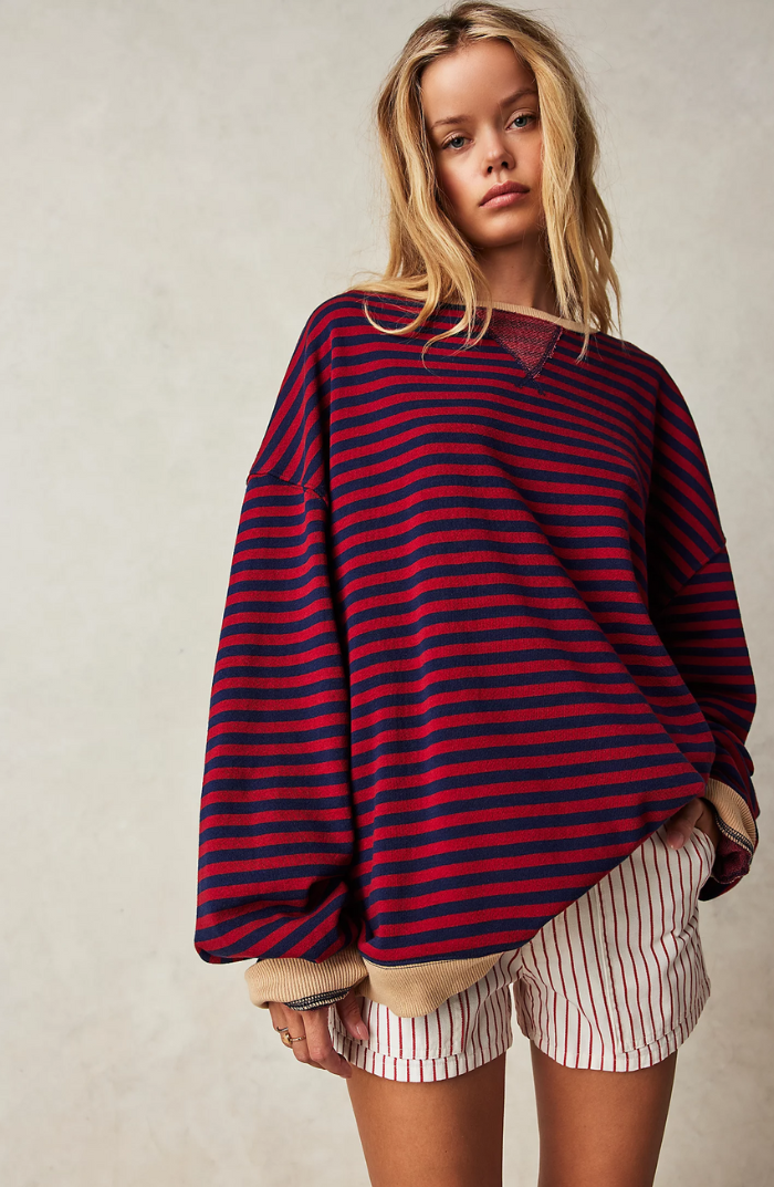 Damen Gestreifter Rundhals-Pullover - Casual Strick-Top