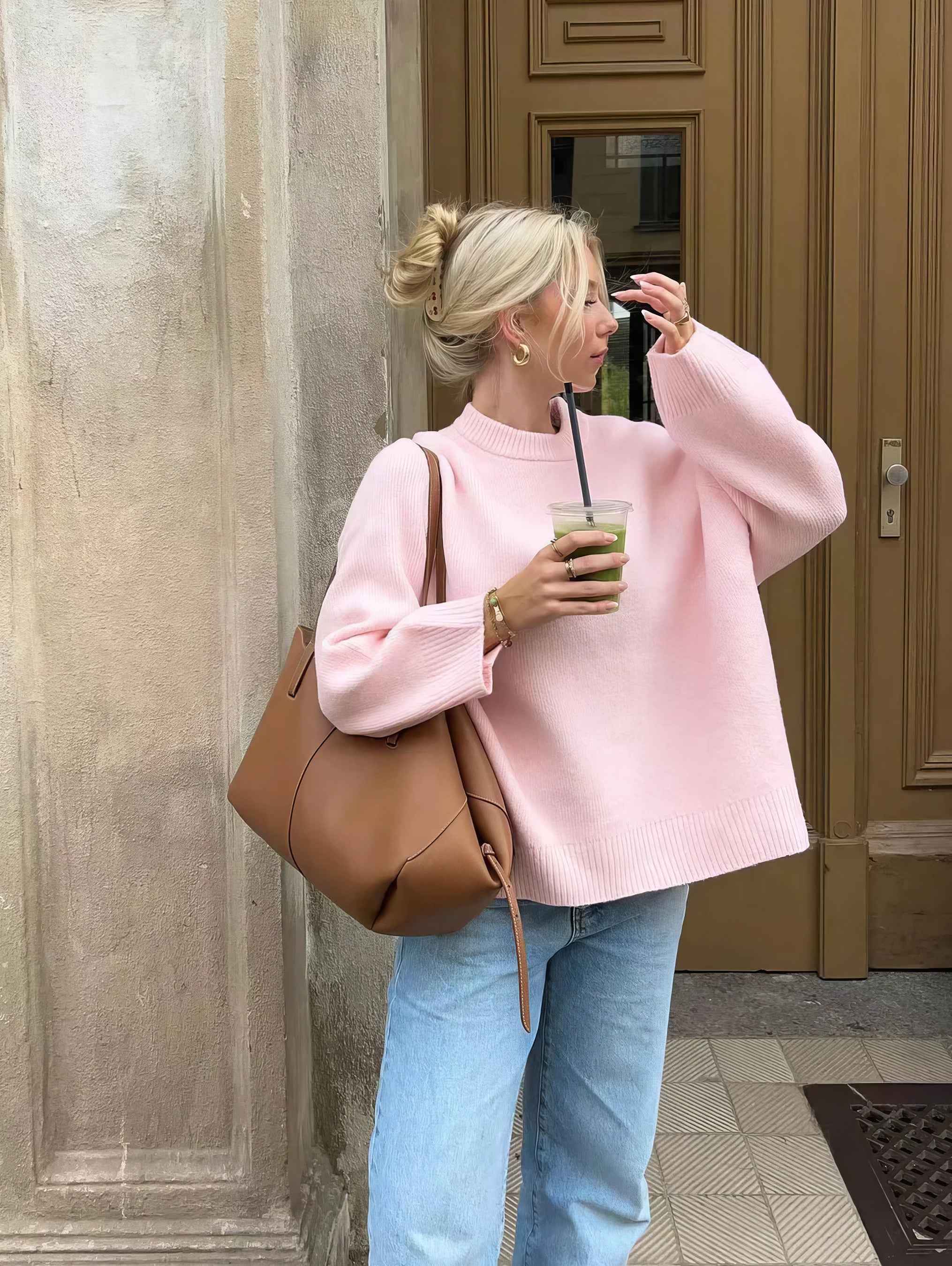 Stilvoller Damen-Rosa Pullover mit Rundhalsausschnitt für einen eleganten Look