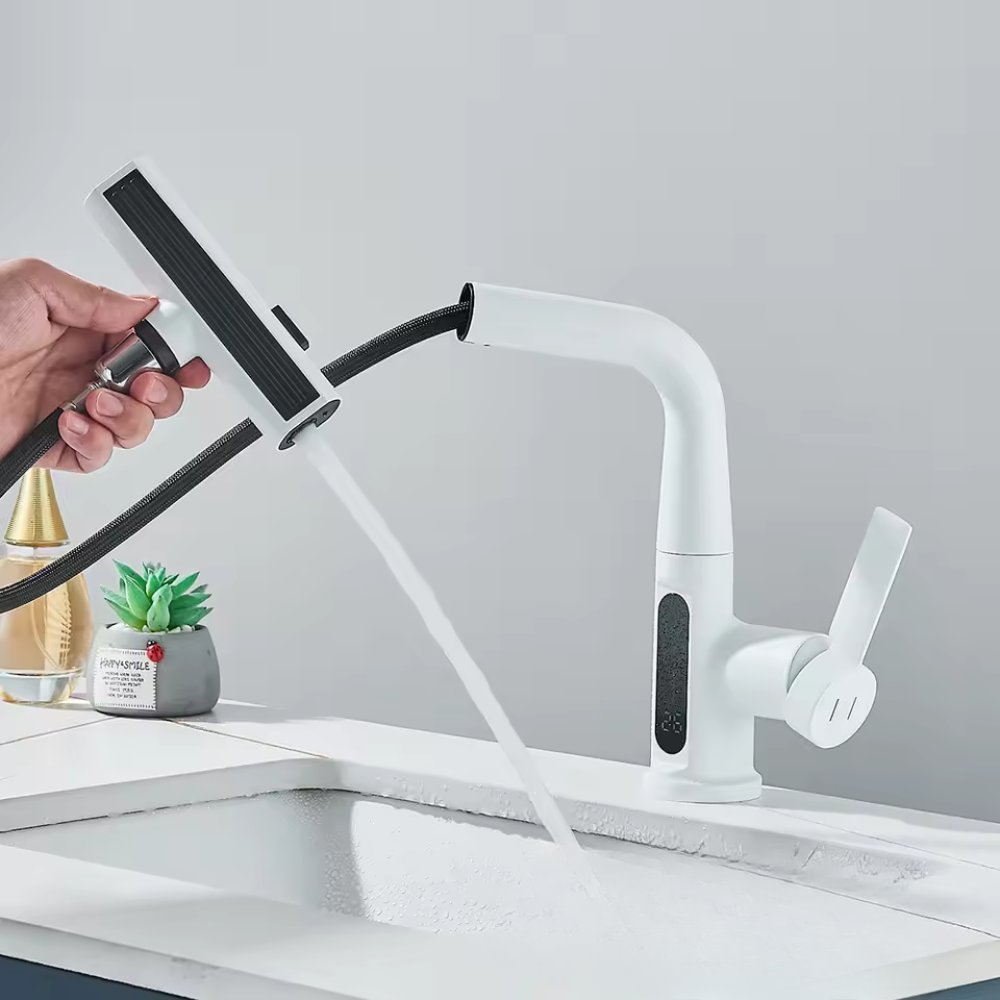 Nytheria - Moderner Wasserfall-Badarmatur mit Digitaler Temperaturanzeige und ausziehbarem Auslauf für ultimativen Komfort