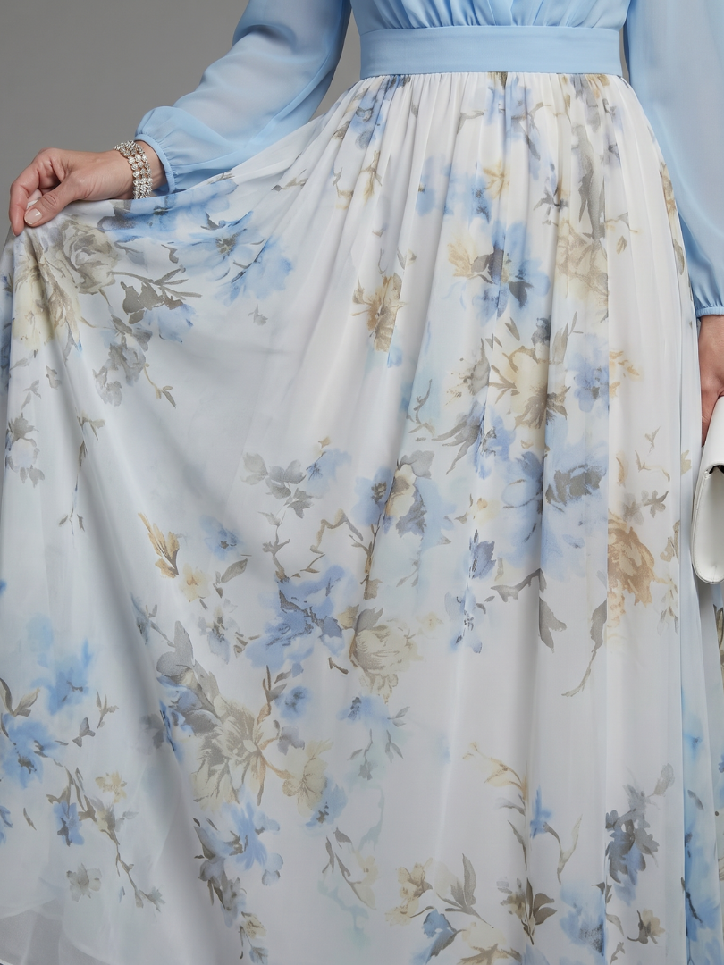 Augusta | Geblümtes Maxikleid mit V-Ausschnitt und durchsichtigem Oberteil