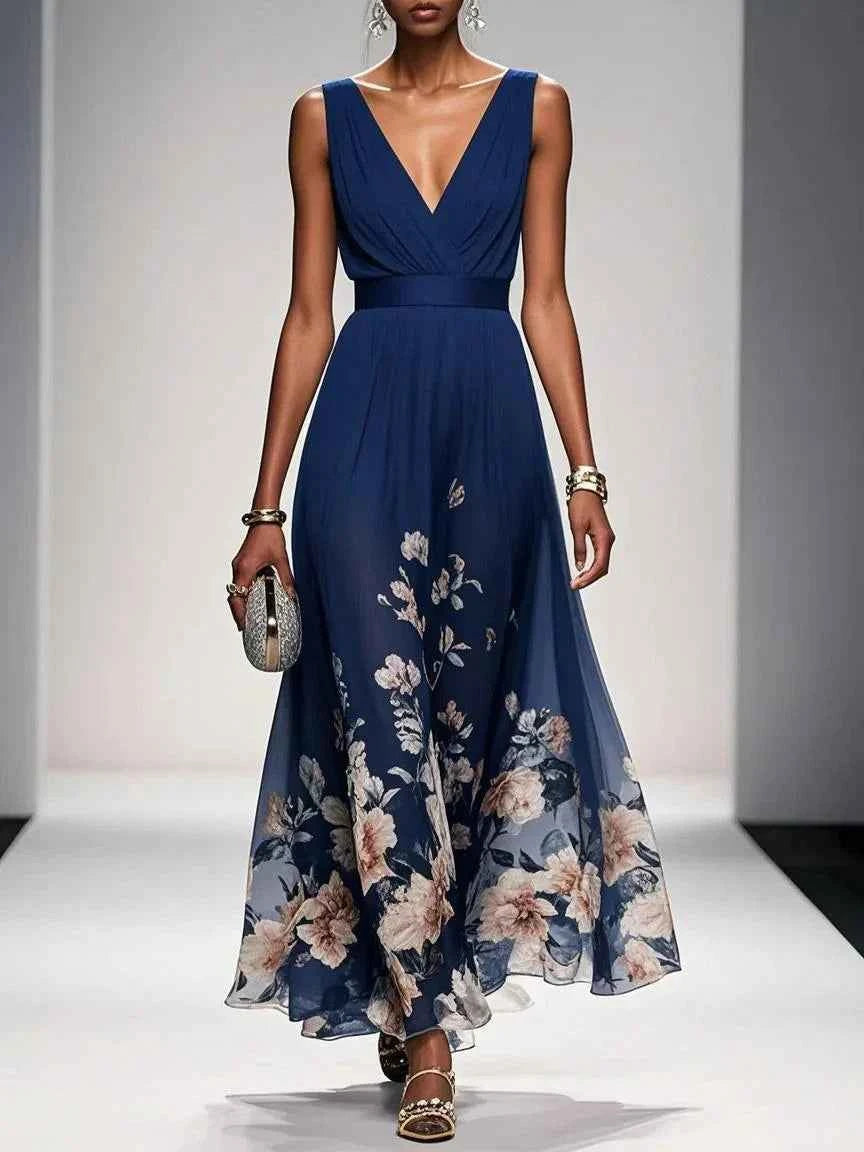 Elegantes hellblaues geblümtes Chiffon-Maxikleid mit V-Ausschnitt, ärmellos, A-Linie
