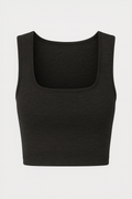 Damen Schwarzes Cropped Tanktop Quadratausschnitt Ärmellos Dehnbar Sportshirt