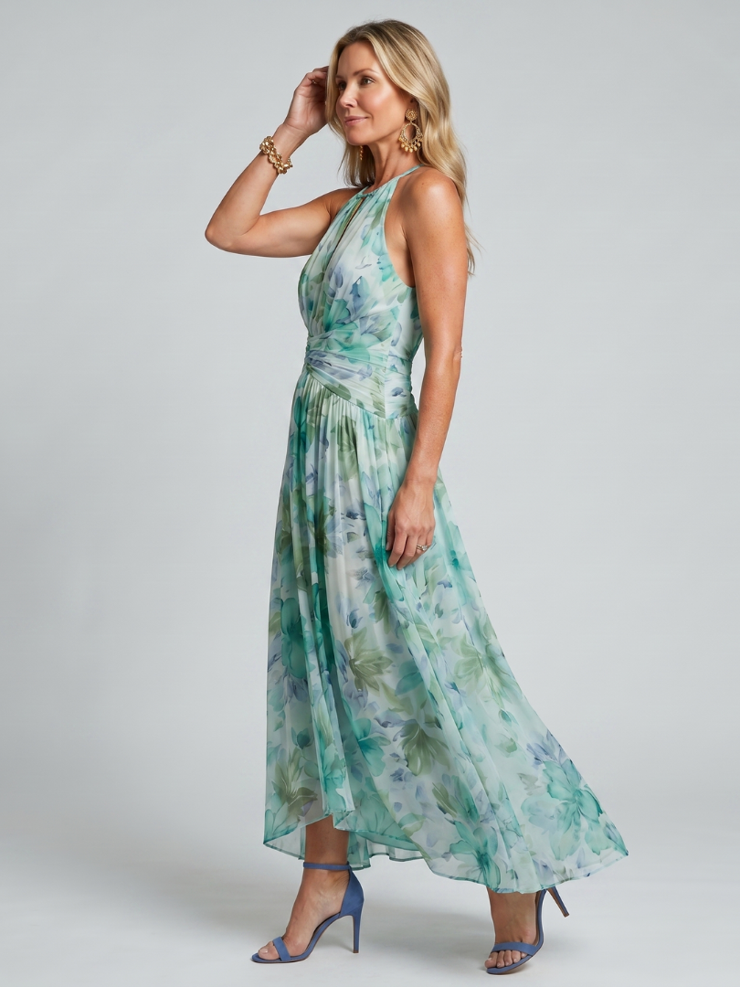 Portia | Plissee-Neckholder-Midikleid mit weichem Blumenmuster
